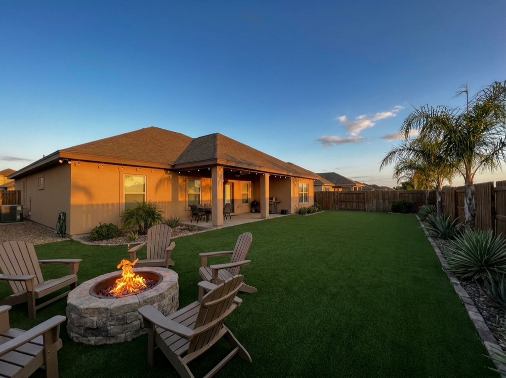 Finished artificial turf backyard with fire pit in the Rio Grande Valley